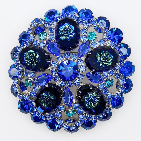 Juliana Jewelry - Vintage Juliana D&E Blue Art Glass Rose Rhinestone Brooch Book Piece 1960s